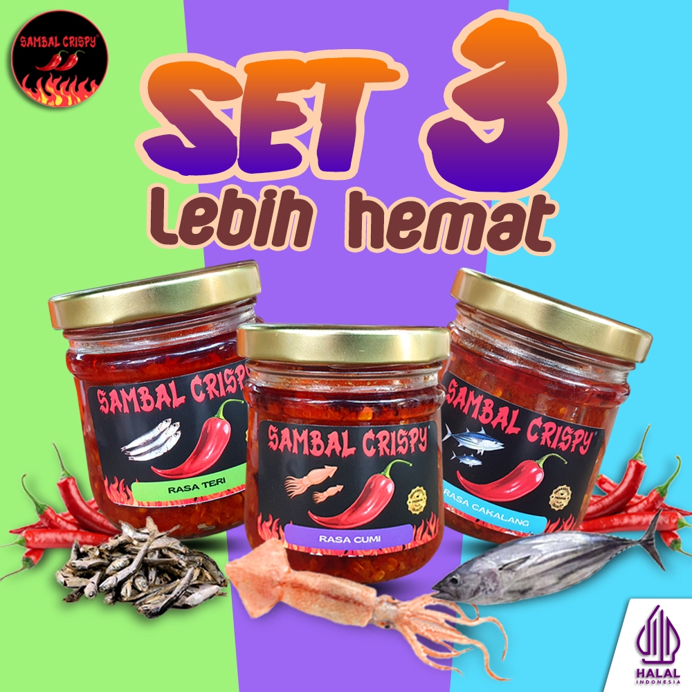 

Paket 3 Sambel TERI, CUMI, CAKALANG Cabai Merah Pedas Gurih SAMBAL CRISPY 150 Gram - Home Made