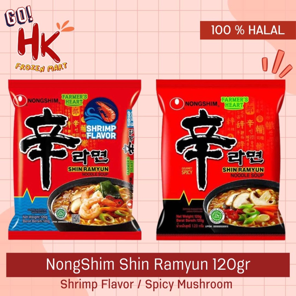 

NongShim Shin Ramyun 120gr Shrimp Flavor Spicy Mushroom mie instan halal ramen noodle HK Frozen Mart