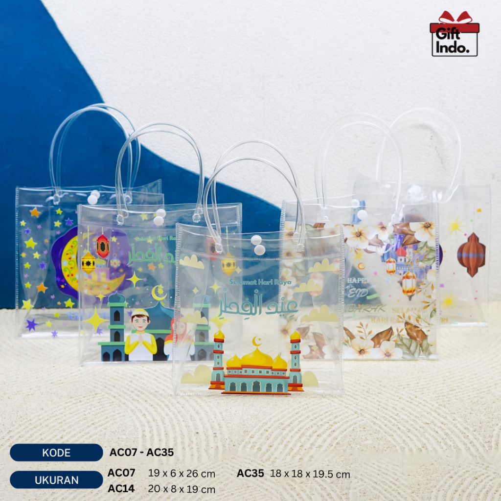 

Tas Mika PVC Transparan / Tas Mika PVC Polos Goodiebag Hampers Souvenir Ulang Tahun Transparant Bening Murah / Tas Hampers Idul Fitri / Souvenir Lebaran / Tas Toples Kering Lebaran | AC07 - AC42 IDUL FITRI