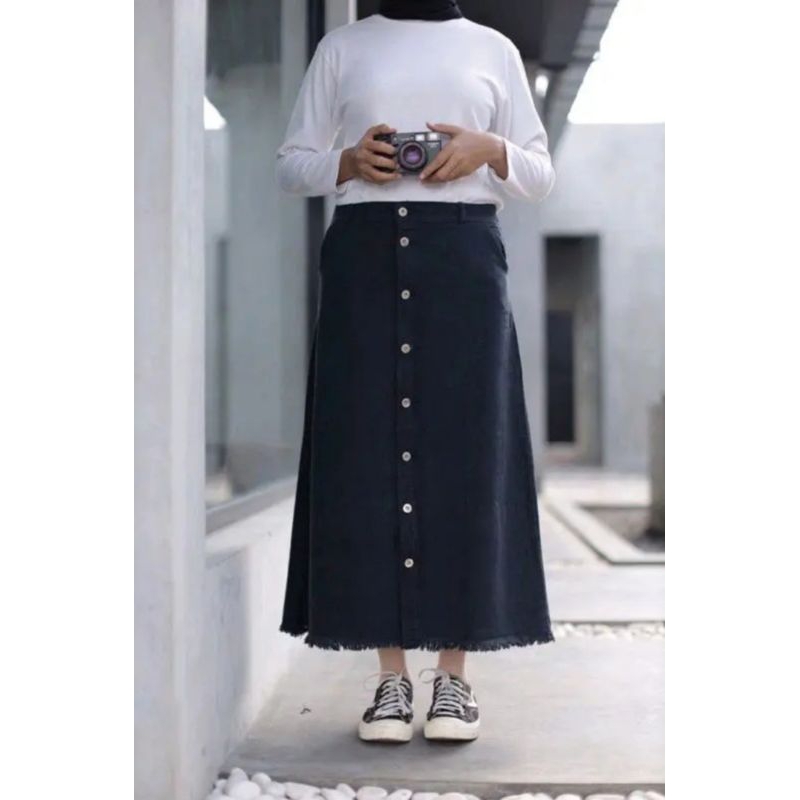 Rok Span Jeans Panjang Kancing Maxi - Rok Button Skirt Jeans - Rok Denim Span Premium