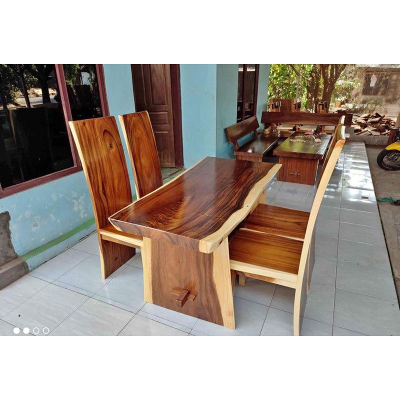 Meja makan set trembesi / meja makan set kursi blok trembesi / set meja cafe trembesi solid termurah