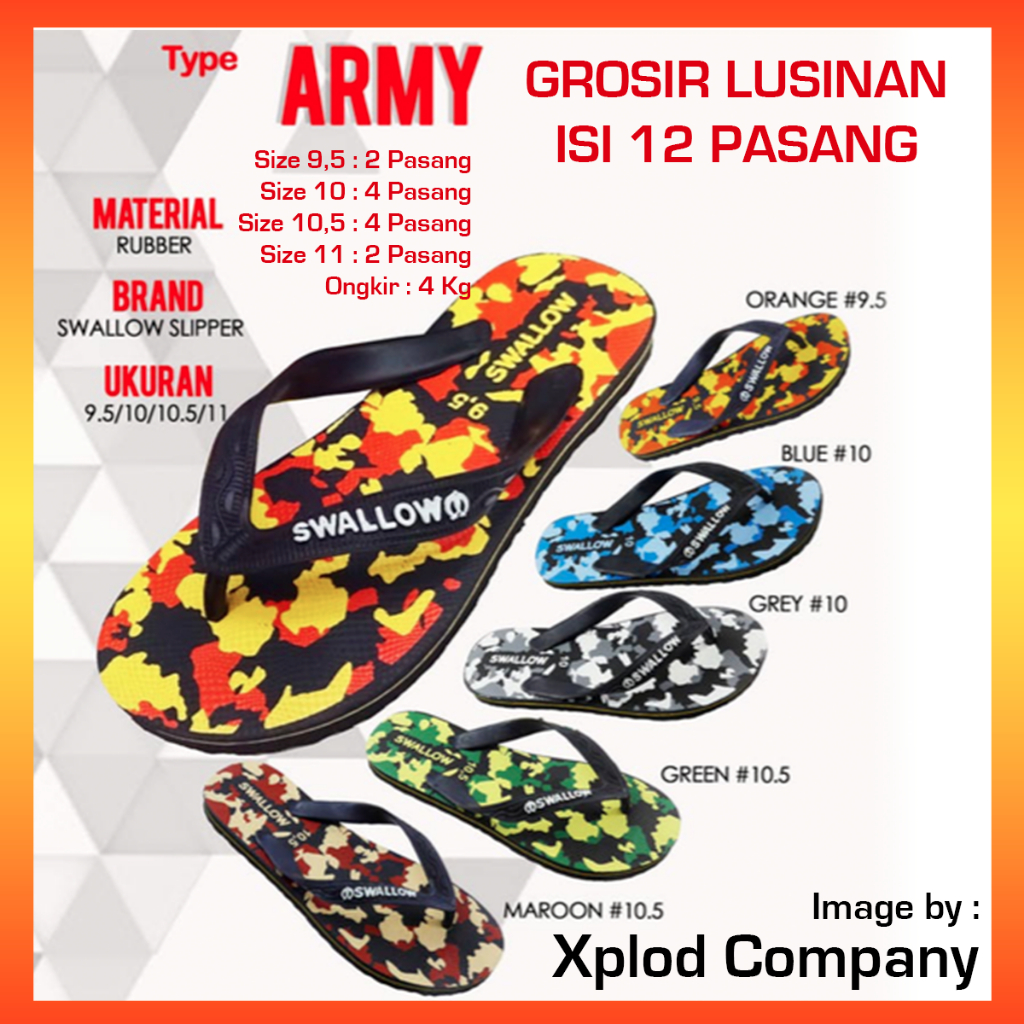 (12 Pasang) Grosir Lusinan Sandal Jepit Swallow Army Seri Ukuran Seri 9.5 – 11 Swallow Grosiran