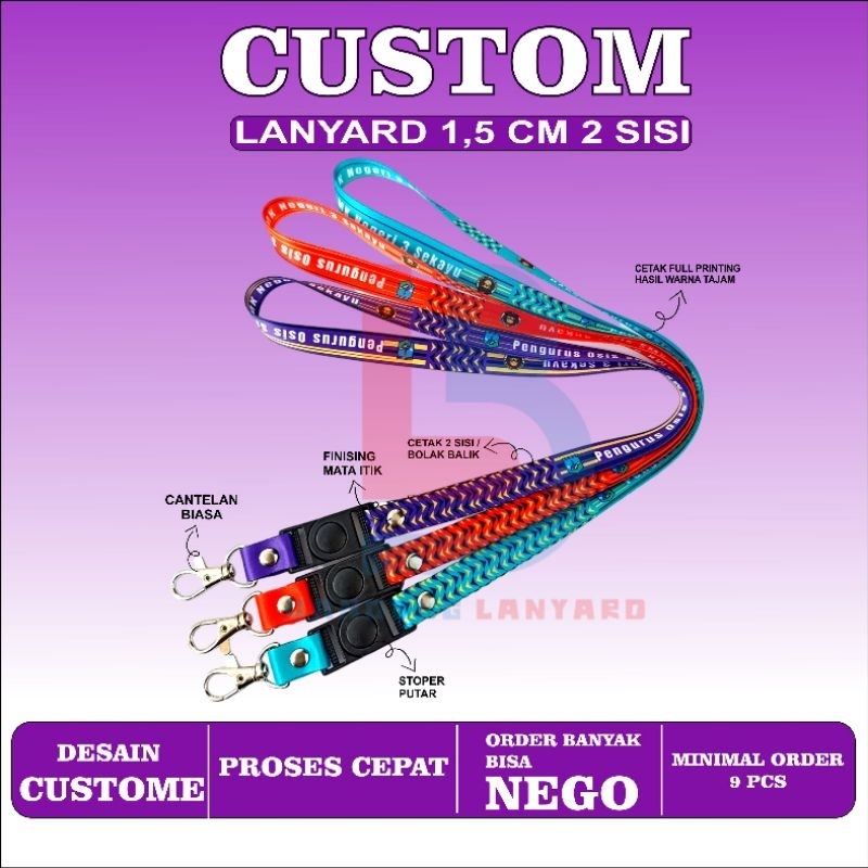 

Tali lanyard gantungan kartu nama / name tag printing sublim 1,5 cm 2 sisi bahan tali tisu