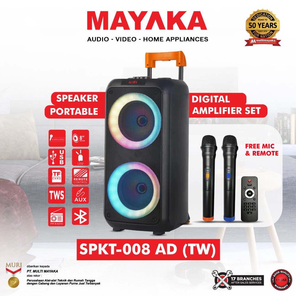 Mayaka Speaker Portable Trolley Karaoke Bluetooth Dual 8” RGB Light Garansi 1 Tahun SPKT-008AD (TW)