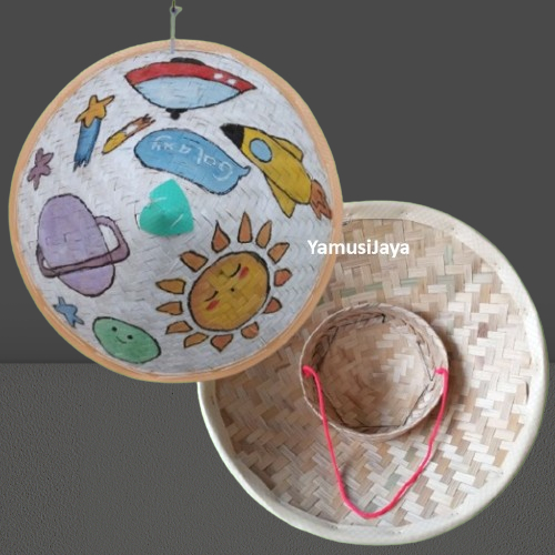 Caping Anak Motif Unik, Topi Anyaman Bambu, Caping Gunung