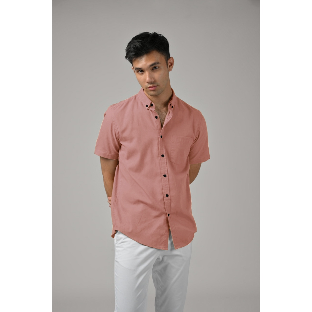Kemeja / Hem Polos Pria / Cowok Lengan Pendek Kasual / Formal Warna PINK PEACH/ Pink / biru denim