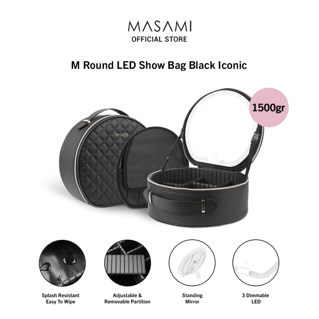 Masami M ROUND LED SHOW BAG BLACK ICONIC 30x27x13cm Makeup Bag MUA Tas Make Up / Tas Kosmetik Tas Ma