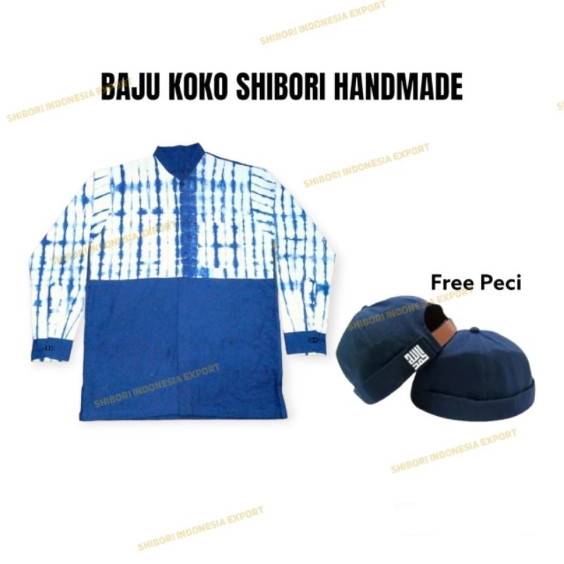 BAJU KOKO SHIBORI HANDMADE LENGAN PANJANG BIRU DONGKER FREE PECI