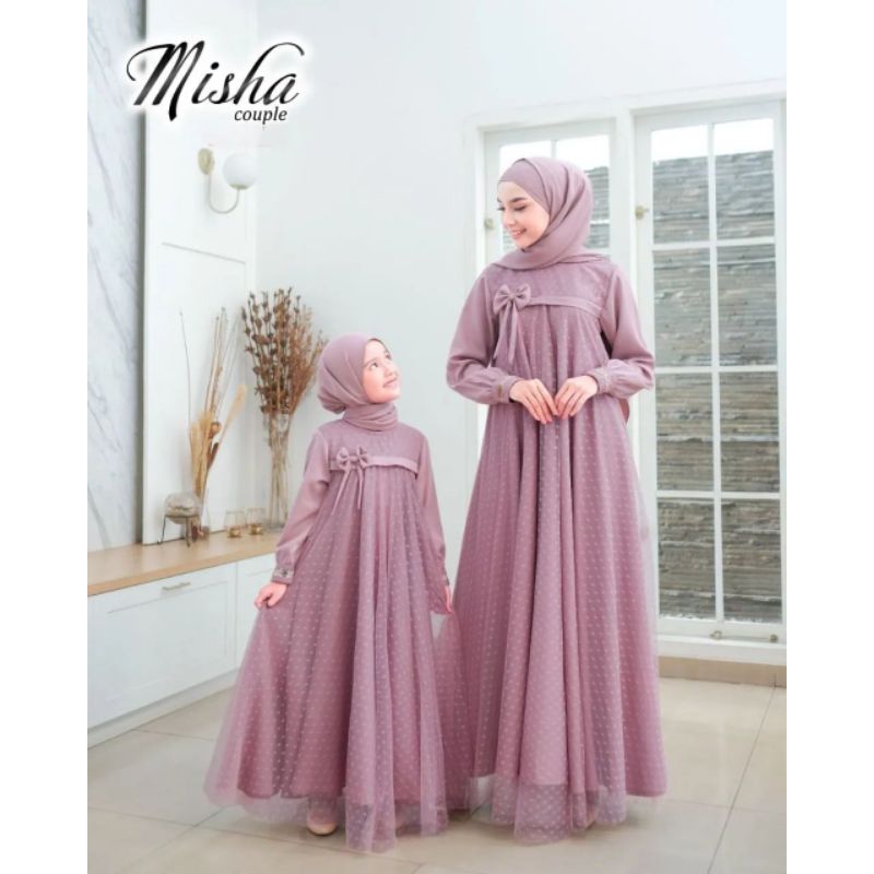 Gamis Terbaru 2024 Misha Couple Gamis Ibu Dan Anak Bahan Syakila Mix Tile Dot Busana Muslimah