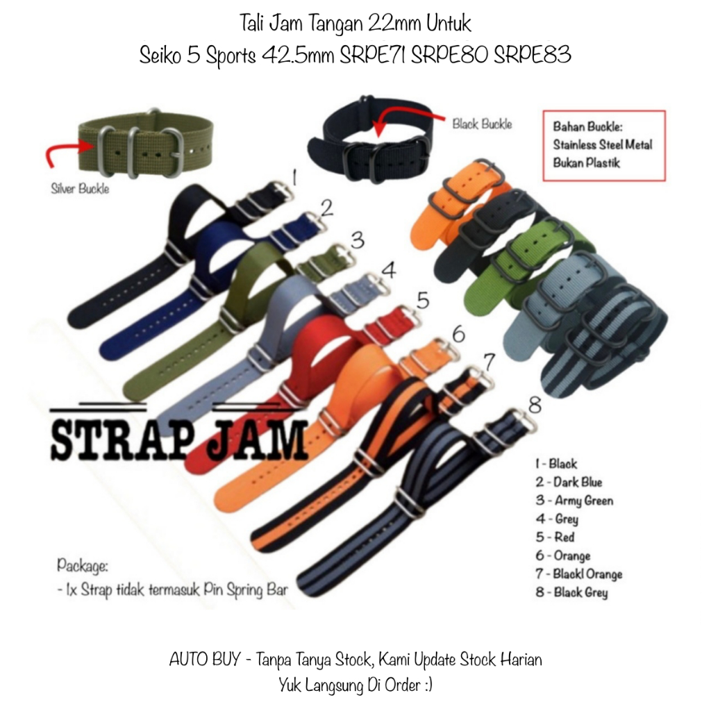 Zulu 22mm Strap Seiko 5 Sports 42.5mm SRPE71 SRPE80 SRPE83 - Tali Jam Tangan Nato Canvas