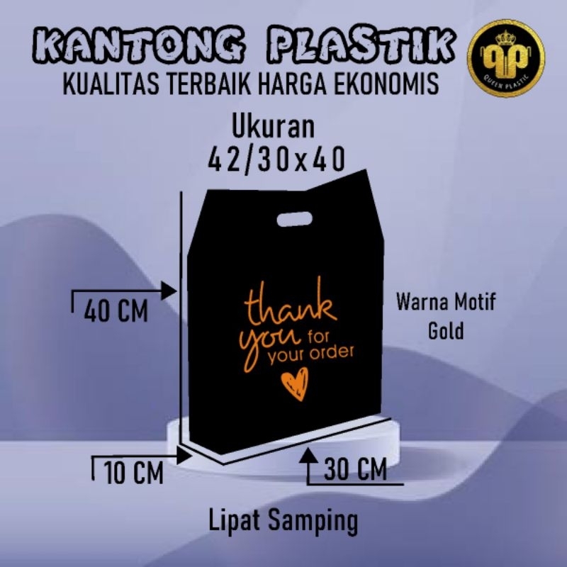 Kantong plastik PE Hitam uk 42/30x40 motif thank you lipatan samping | Kantong plastik sepatu anak |
