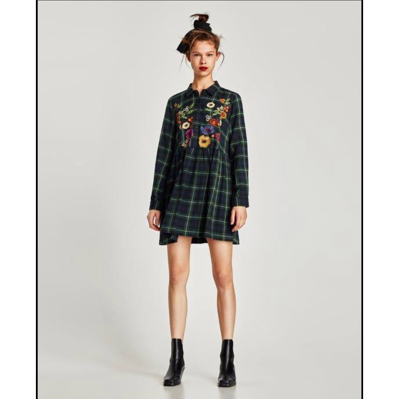 Zara embroidery plaid dress