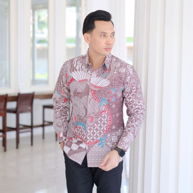 Batik warna mouve motif Peksi ananta ungu soft,Kemeja batik pria lengan panjang original slimfit bah