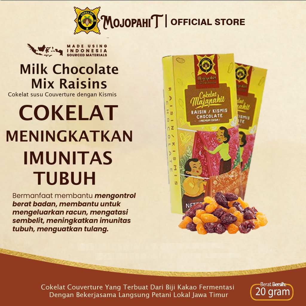 

Cokelat Majapahit bar 20 gr | Milk Chocolate Kismis | Cokelat Susu isi Kismis