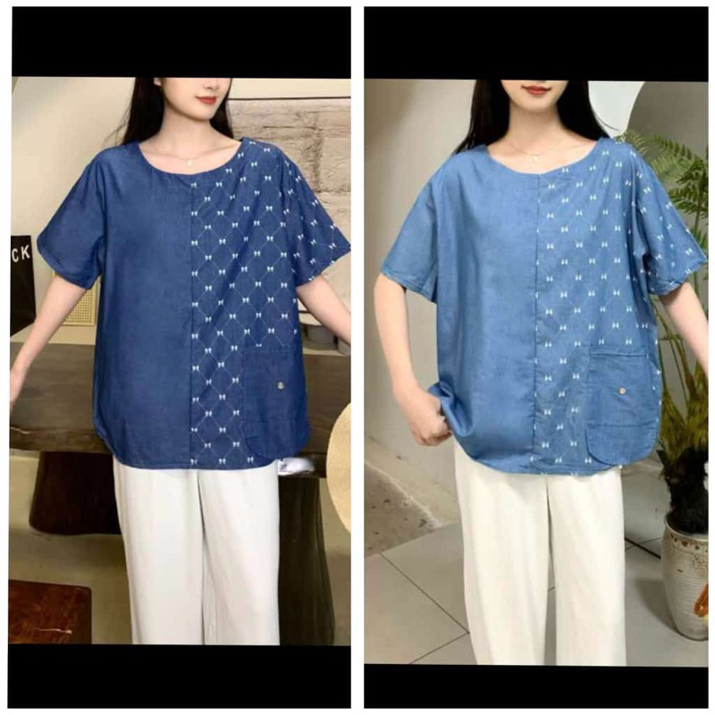 Blouse denim jumbo motif bunga kecil
