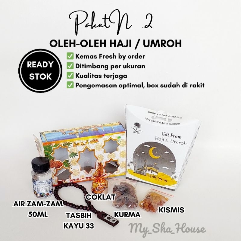 

Paket N.2 oleh-oleh haji umroh berkualitas terjangkau kurma kismis coklat tasbih botol isi air zam-zam