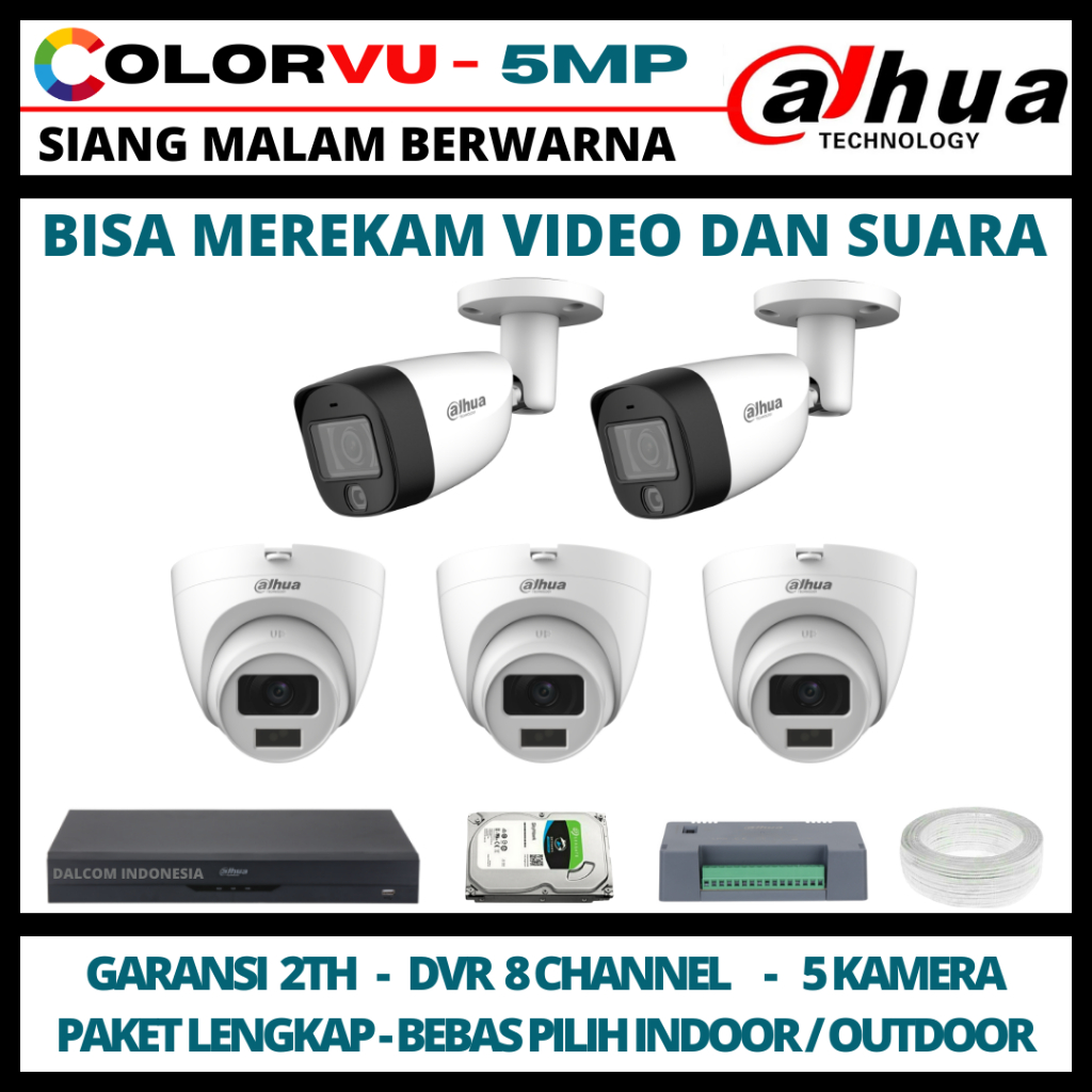 PAKET CCTV DAHUA COLORVU 5MP 8 CHANNEL 5 KAMERA