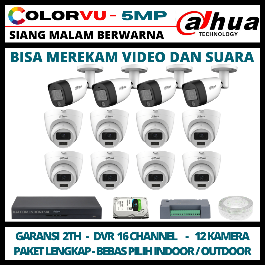 PAKET CCTV DAHUA COLORVU 5MP 16 CHANNEL 12 KAMERA
