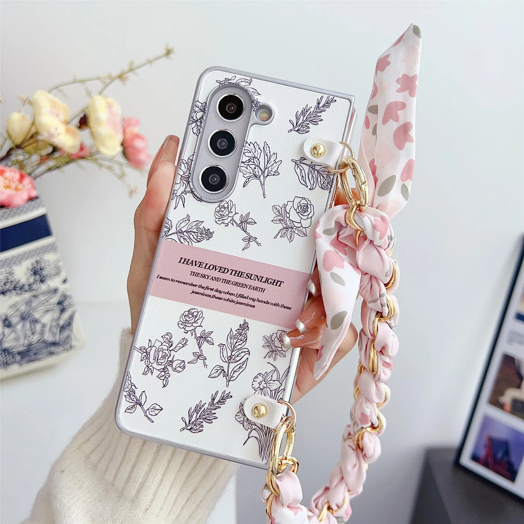 Korean Luxury Retro French Flower Case with Scarf Bracelet for Samsung Galaxy Z Fold 6 5G Z Flod4 Z 