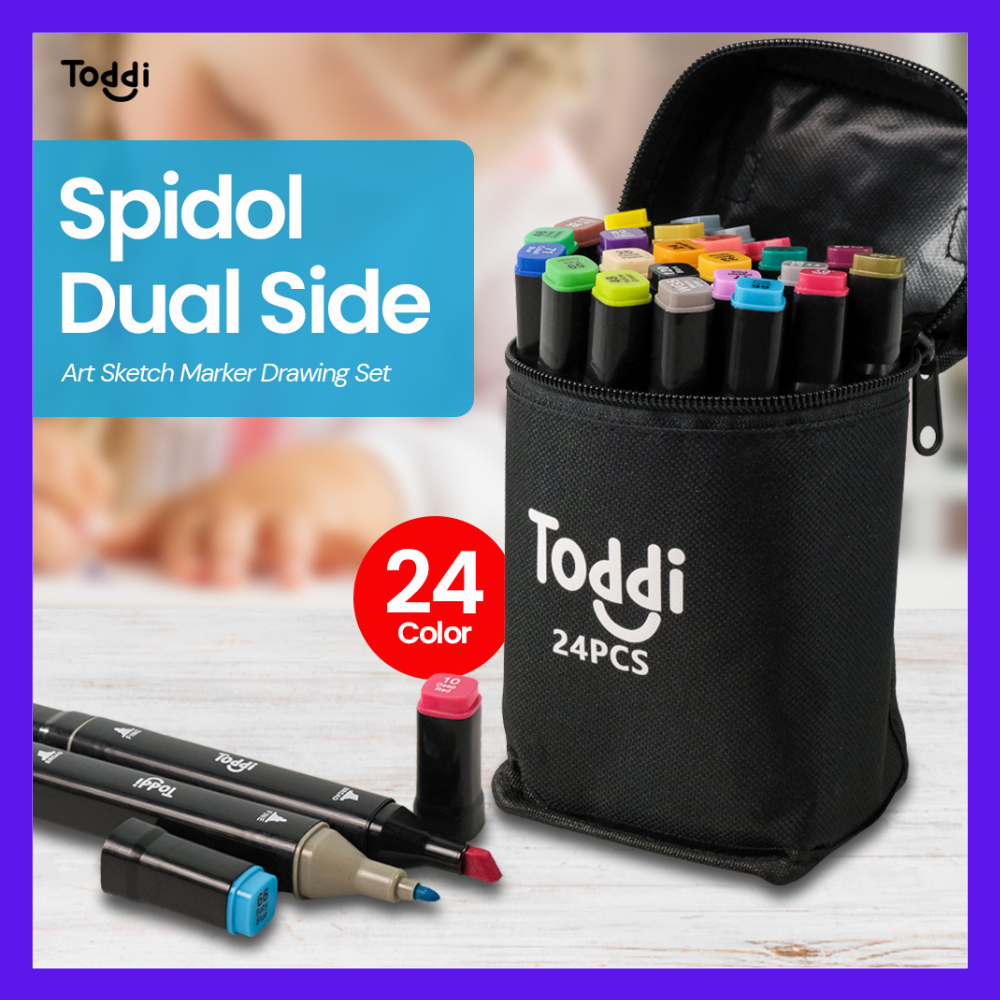 

Spidol Warna Sketsa Dual Side Fine Art Marker Brush Pen Animation isi 24 WARNA Smooth Ink Multi ColorToddi Spidol Dual Side Fine Art Brush Art Marker Set 1.0 and 6.0mm Tip 24