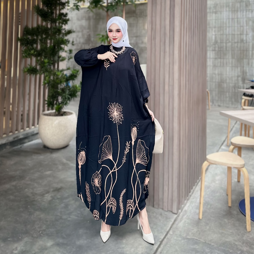 Kaftan Batik Gamis Muslim Wanita Busui Resleting Jumbo Kain Rayon Tebal