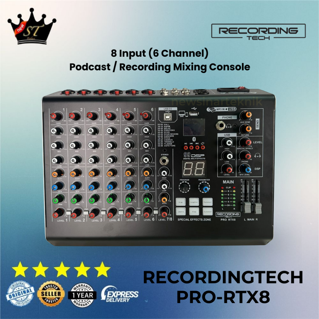Recording Tech PRO-RTX8 Mixer 6 Channel 8 Input Soundcard USB Audio Interface Podcast Recording Bluetooth MP3 PRORTX8