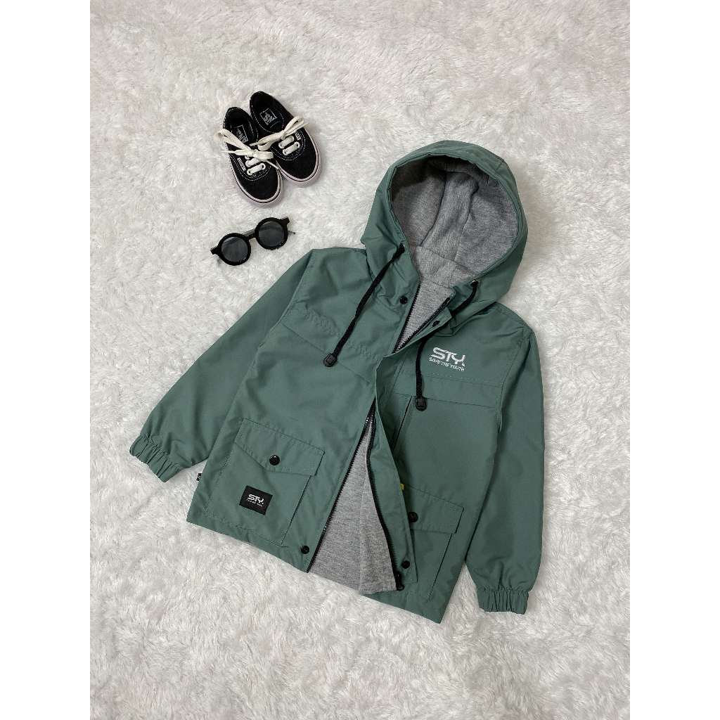 Save The Youth - Jaket Parasut Anak Laki Laki dan Perempuan Terbaru Usia 3-14 Tahun Sage Green Hitam