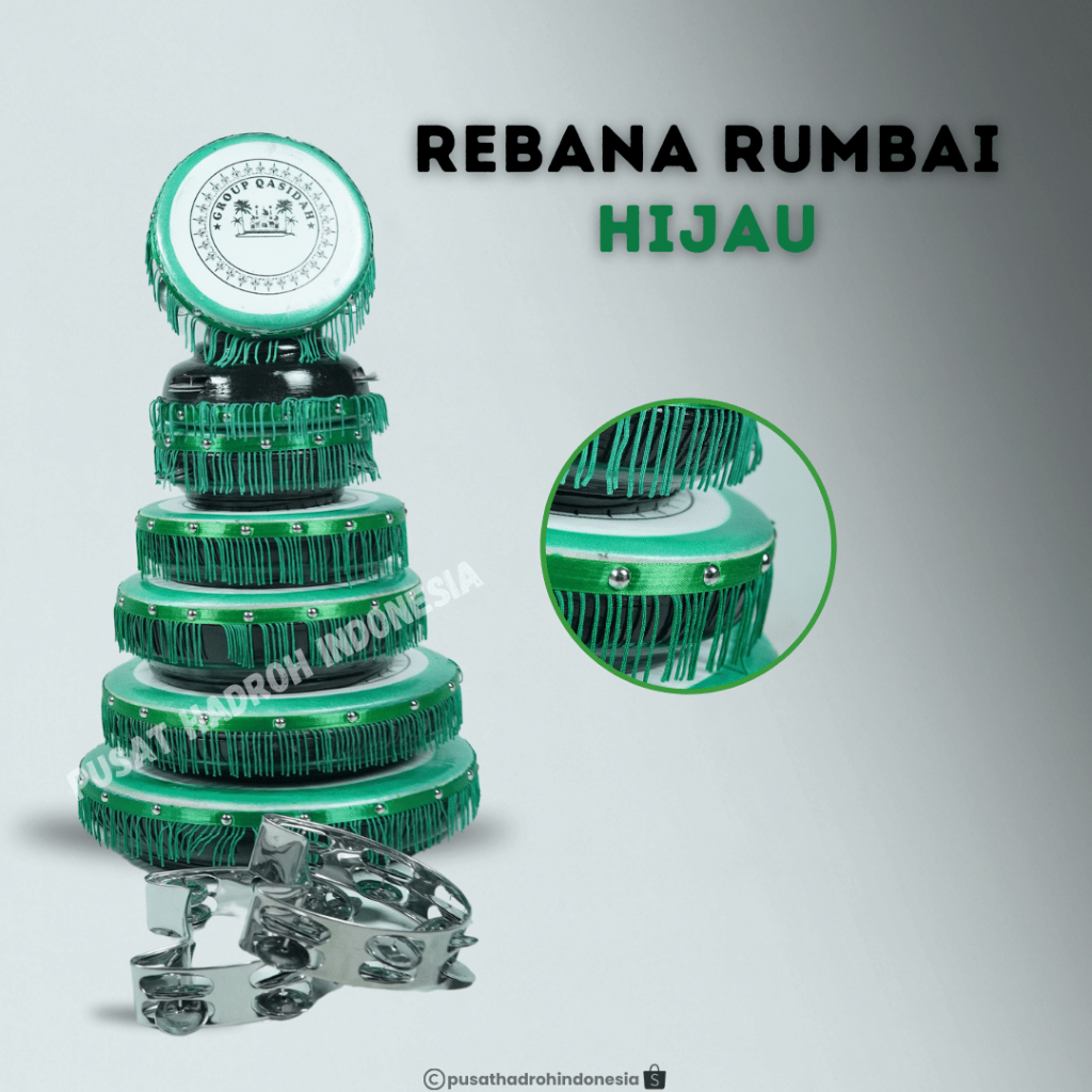 Rebana Qasidah Rumbai Hijau 1 Set Isi 9 Alat Rebana Hadroh Banjari Terbangan Rumbai Fullset Susun 7 