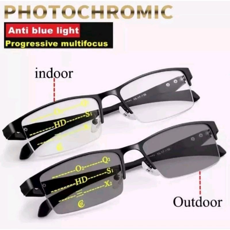 KACAMATA PROGRESIF PHOTOCROMIC ANTI RADIASI UNTUK BACA DAN JALAN PLUS MINUS PRIA DAN WANITA UNISEX