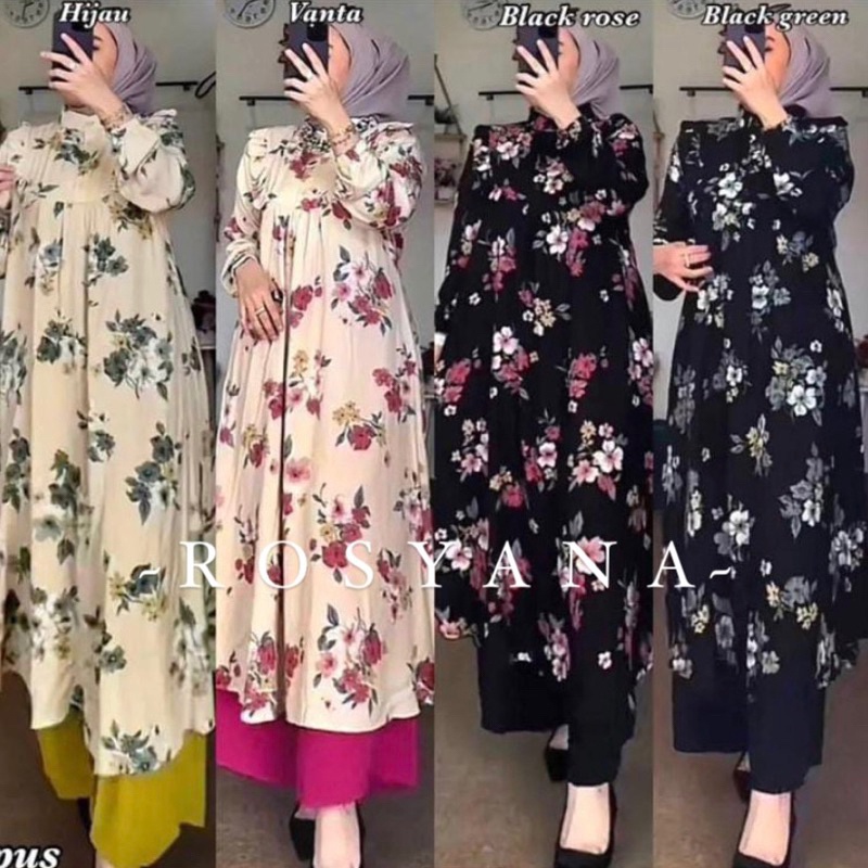 TerlakuSetelan Long Tunik Motif Bunga Jasmine Kecil Bahan Rayon Diamond Celana Cringkel