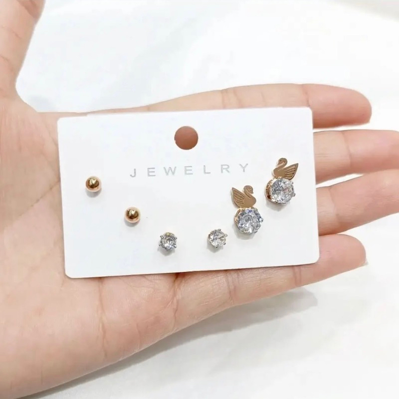 Anting titanium set 3 pasang swan angsa boba diamond