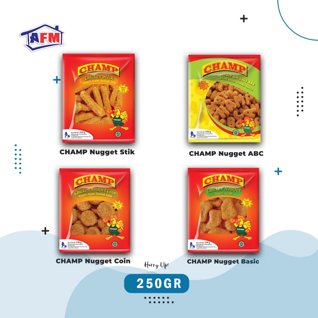 

CHAMP CHICKEN NUGGET 250 GR/ CHAMP NAGET AYAM BENTUK STIK,KOIN,BASIC DAN ABC 250GR/NAGET MURAH