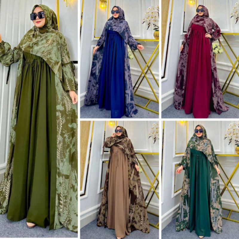 Syahnaz 3in1 Set Gamis Muslim Wanita Terbaru Bahan Ceruty Babydoll Mix Ceruty Motif Full Puring-gami