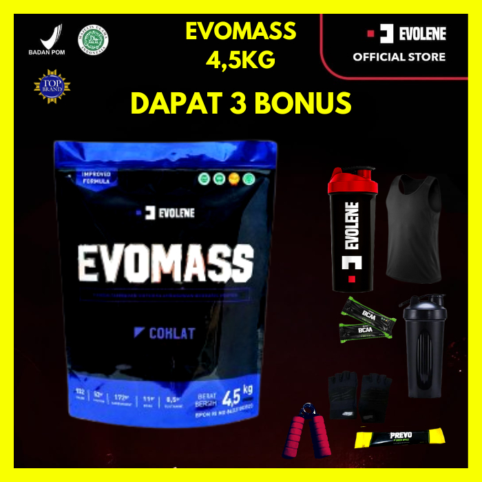 

Evolene Evomass Coklat Hazelnut 4500gr/20x serving + Free Shaker fitnes Surplus kalori BPOM HALAL