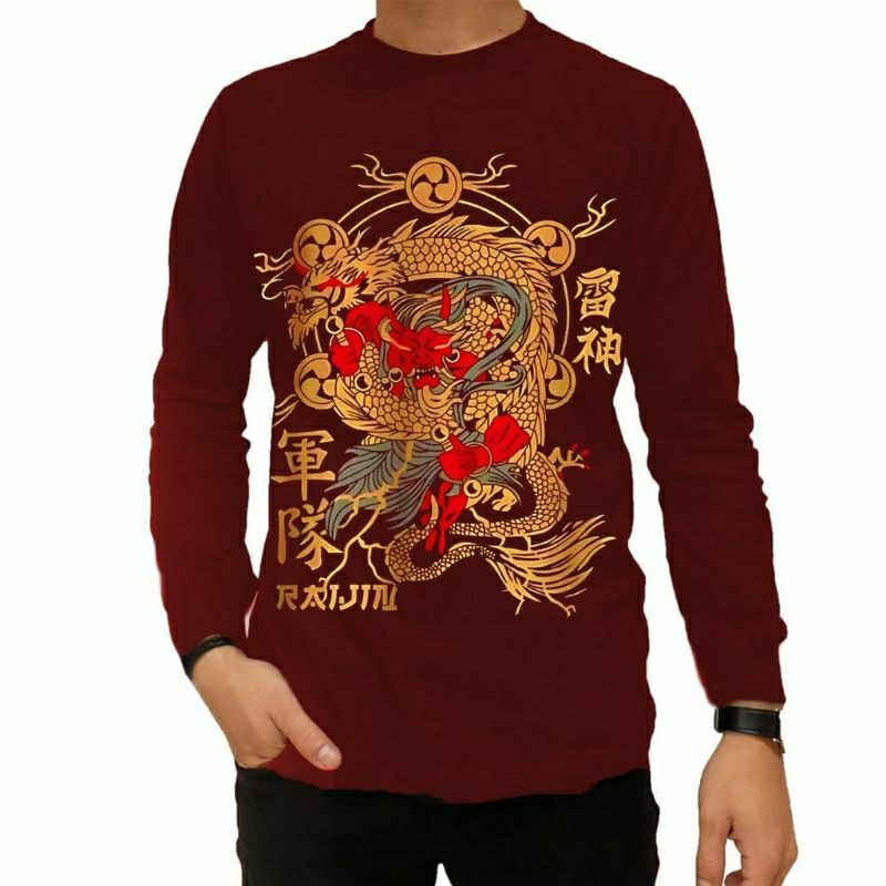 Kaos Distro Pria Lengan Panjang Dewasa Remaja Keren Original Terbaru Motif Naga Raijin Naga Printing