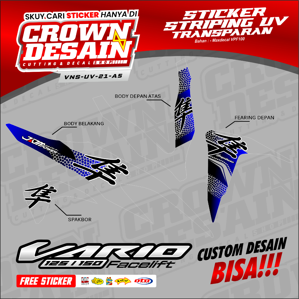 Striping Stiker Transparan Vario 125/150 Led New Gen 1 Motif Hayabusa Biru Hitam - Stiker Semifull V