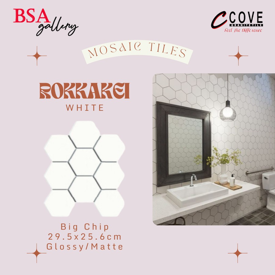 MOSAIC TILES HEXAGON BESAR WHITE / KERAMIK MOZAIK PUTIH LANTAI DINDING