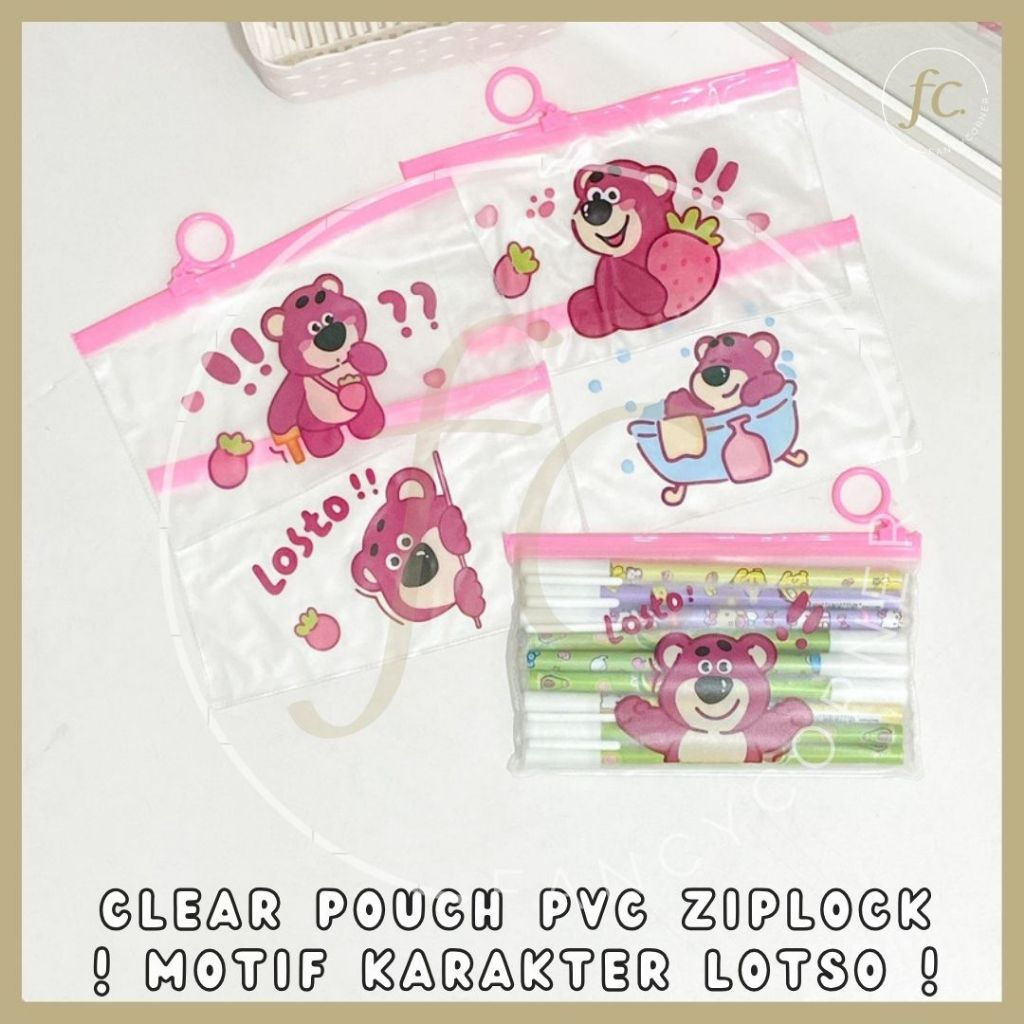 

Transparant Gift Pouch Organizer Aksesoris / Wadah Serbaguna / Kosmetik Transparan / Kotak Tempat Pensil PVC Ziplock Doff Bening Kecil Motif Kartun Toy Story Beruang Losto Lotso Pink Teddy Bear Harga Grosir Ready COD