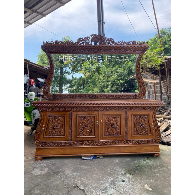 bufet cermin kayu jati,bufet biola plus pigura kayu jati,buffet ukir kayu jati termurah,bufet ukir j