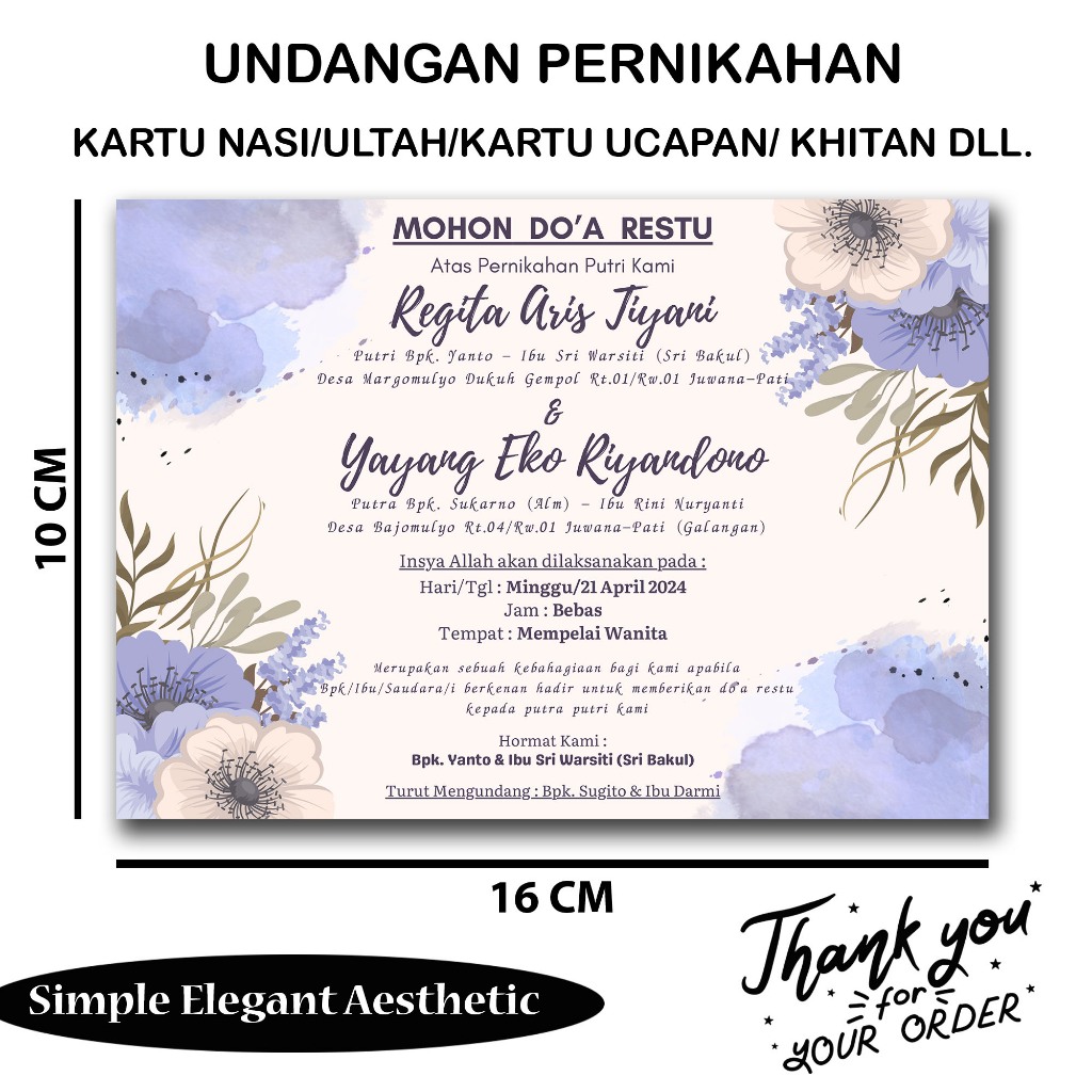 

UNDANGAN PERNIKAHAN/KARTU NASI/ULTAH/KARTU UCAPAN/KHITAN/DLL KERTAS BC 210 GSM (TEBAL)
