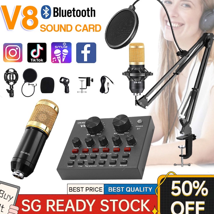 GCj SOUNDCARD V8 PLUS LENGKAP MIC V8 SOUND CARD WITH BM8 MICROPHONE LIVE BROADCAST EQUIPMENT FULL SE