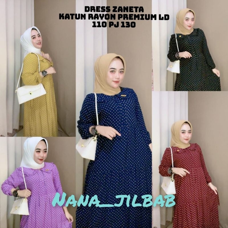 Dress zaneta polkadot // gamis rayon premium // busui resleting // karet kerah rempel
