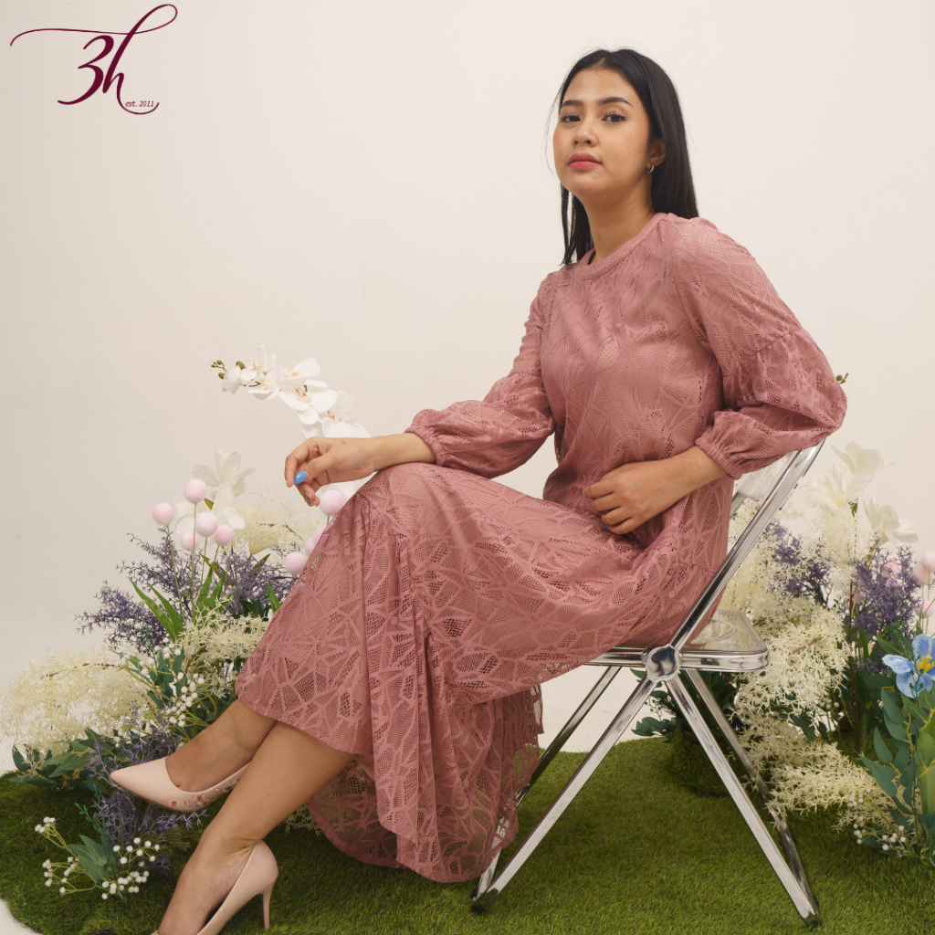 3H Cilla Gamis Wanita Lengan Panjang Brukat Dress Long Sleeve Stylish (OC27)