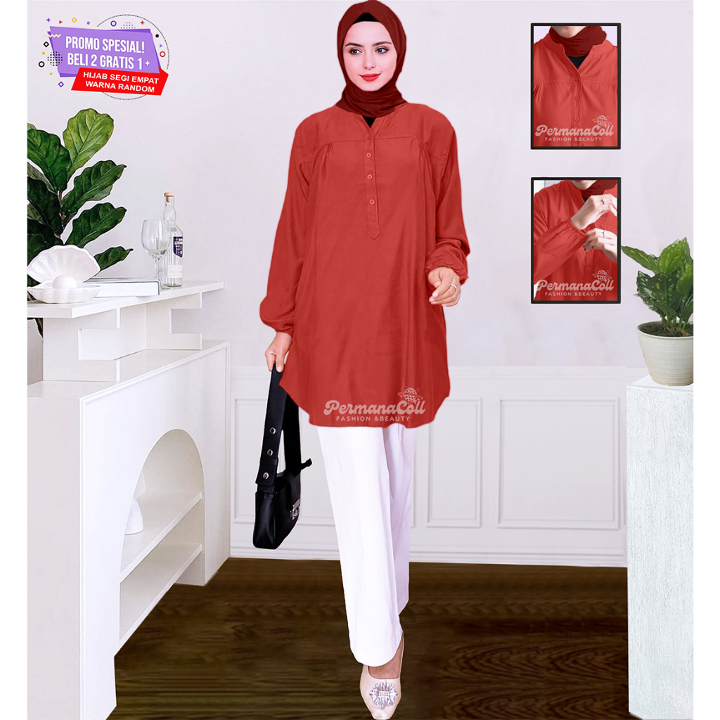Jumbo Size Polos: Baju Kemeja Blouse Wanita Busana Muslim Dewasa Warna Merah Bata