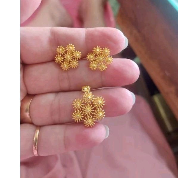 24k anting + liontin bunga emas 99.99%