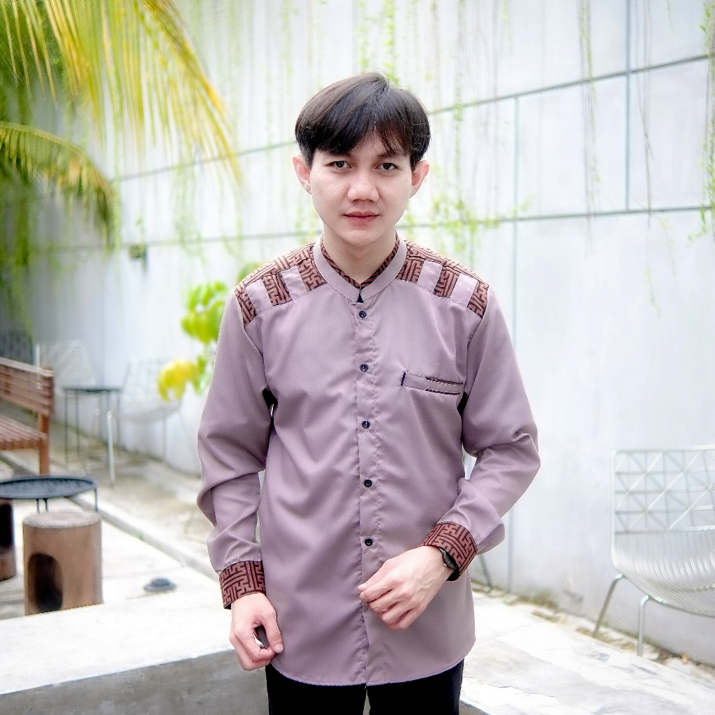 EL Rumi | Baju Koko Pria Lengan Panjang Motif Panser Warna Dusty Purple Bahan Toyobo