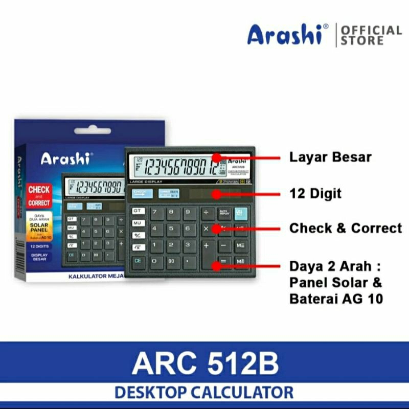 

Kalkulator Arashi ARC 512B 12 Digits Calculator check And Correct