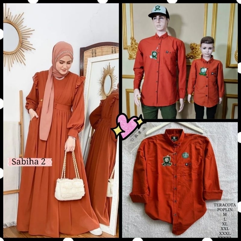 FAMILY COUPLE AYAH IBU ANAK BATA TERAKOTA/ BAJU KOKO KURTA KEMEJA TERACOTA/ DRESS GAMIS CRINCKLE BAT