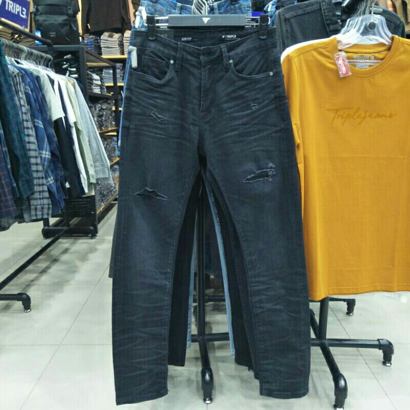 TRIPLE celana panjang jeans sobek hitam kecoklatan (wash)