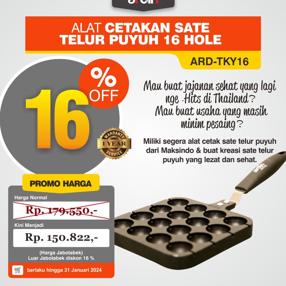 NvO Alat Cetakan Sate Telur Puyuh 16 Hole Ardin ARDTKY16